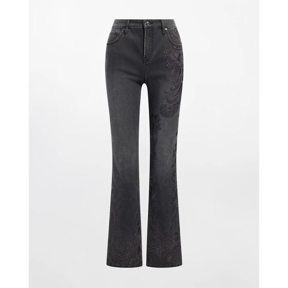 Chico’s So Slimming Girlfriend Flare Black Embroidered Jeans Boho Western Grunge - Picture 2 of 13